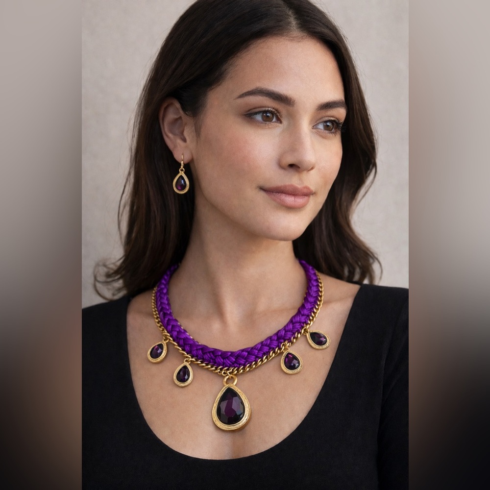 Purple & Gold Statement Jewelry Set – Braided Necklace + Teardrop Gem Earrings - Picture 2 of 6